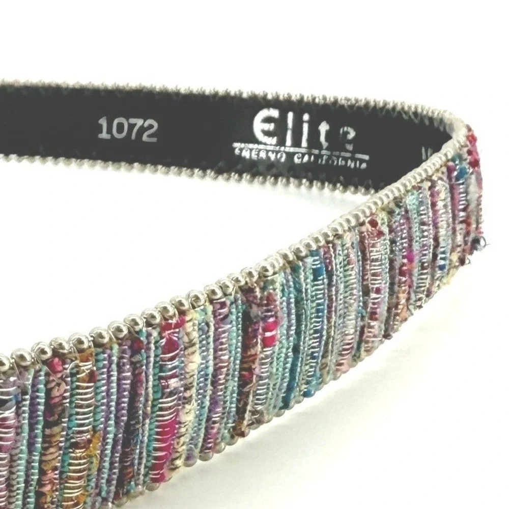 Elite Belt Women ML Multicolor Woven Metallic Beaded Silver Buckle Boho 1072